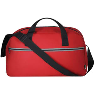 A red bag with black handles and a detachable shoulder strap, featuring a front zipper pocket and a logo.