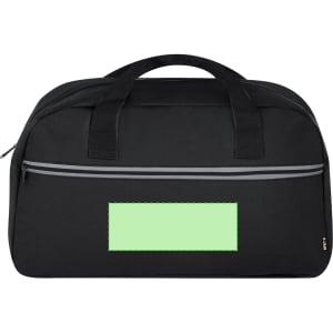 A black duffel bag with a front zip pocket and a blank area for branding. Features sturdy handles for easy carry.