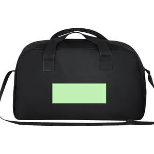 A black duffle bag featuring a green rectangular space and a logo on the front. It has handles and a shoulder strap.