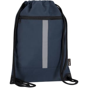A navy blue drawstring bag with a grey stripe and a zippered pocket, featuring a logo.