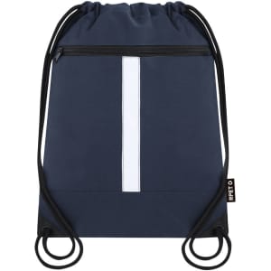 A navy drawstring bag featuring a white stripe and a zippered pocket, with black drawstrings and a logo.