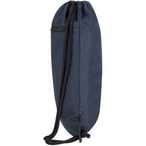 A navy drawstring bag with a cylindrical shape and a black drawstring, featuring a small zippered pocket.