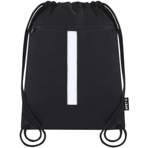 A black drawstring bag with a white stripe and a zippered pocket, featuring branding.