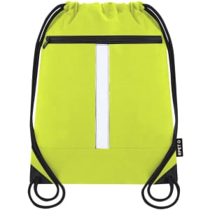 A bright yellow drawstring bag with a black zipper pocket and drawstrings, featuring a reflective stripe.