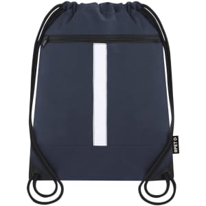 A navy drawstring bag with a white stripe, featuring a front zip pocket and black cords. Includes a logo.