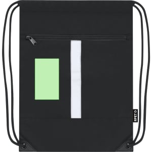 A black drawstring bag featuring a reflective stripe and a small pocket with a green patch. It includes a logo.