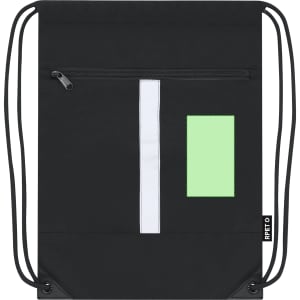 A black drawstring bag featuring a front pocket with a reflective stripe and a green patch, along with adjustable cords.