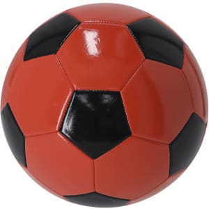 A red and black soccer ball with a hexagonal panel design and a shiny finish, featuring a logo.