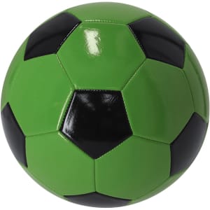 A green and black soccer ball featuring a glossy finish and a classic pentagon design.