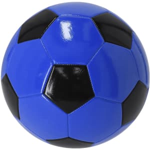 A blue and black soccer ball with a glossy finish and a classic hexagonal pattern. It features a logo on the surface.