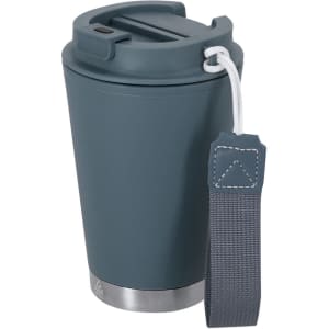 A drink bottle in a dark teal colour with a rubber grip, lid, and a removable strap. It features a logo on the body.