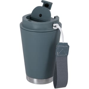 A drink bottle in a dark grey colour with a silver base and a grey strap. It features a flip top lid and a logo.