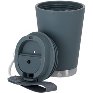 A travel mug in dark grey with a removable lid and a strap. It features a logo on the side.