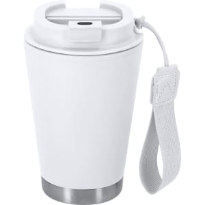 A drink bottle in white with a metal base and a grey strap, featuring a secure lid and a branding logo.