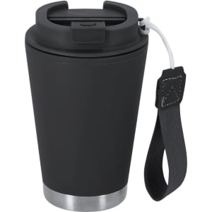 A drink bottle with a matte black exterior and silver base, featuring a secure lid and a holding strap.