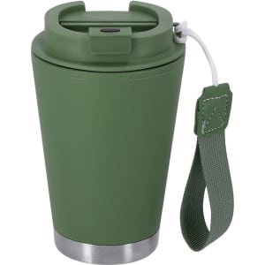 A drink bottle featuring a green exterior, stainless steel base, and a sturdy handle strap. It has a logo.
