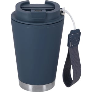 A drink bottle in navy blue with a stainless steel base, featuring a secure lid and a handle for easy carrying.