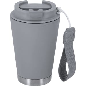 A drink bottle featuring a grey insulated cup with a handle and a lid. It has a stainless steel base and a logo.