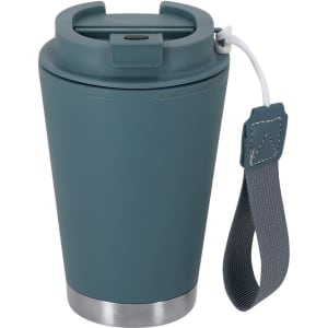 An insulated travel mug in teal with a silver base and a grip strap. Features a lid with a drinking opening and a logo.