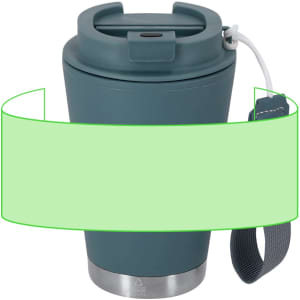 A drink bottle in teal with a stainless steel base and a handle for easy carrying. Features a lid with a strap.
