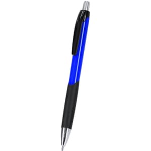 A plastic pen featuring a blue barrel, black grip, and silver accents. The pen has a logo on its surface.