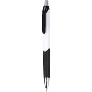 A plastic pen featuring a black and white design with a smooth finish and a silver tip. It includes a logo.