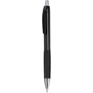 A black plastic pen with a silver clip and tip, featuring a textured grip. It has a simple branding logo.