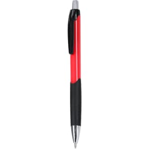 A plastic pen featuring a red and black design, with a clip and a silver tip. It has a logo visible on the body.