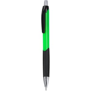A green plastic pen with a black grip and clip, featuring a chrome nib and branding logo.