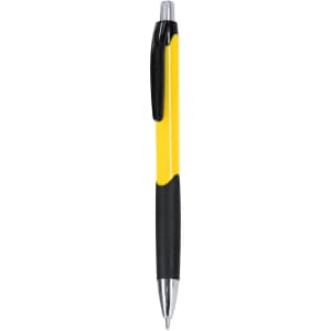 A plastic pen featuring a yellow body and black accents, with a silver nib and a clip. It has a logo on the body.