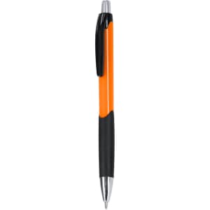 An orange and black plastic pen with a silver tip and a clip, featuring a logo.
