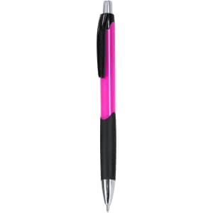 A plastic pen in vibrant pink and black, featuring a chrome tip and a clip. It has a sleek design and a branding logo.