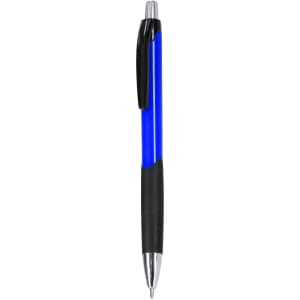 A plastic pen featuring a blue barrel, black grip, and a silver clip. The pen has a branded logo.
