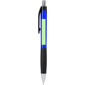 A blue plastic pen with a black grip and a clip, featuring a blank section for potential branding.