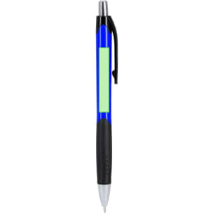 A blue plastic pen with a silver clip, black grip, and a blank area for branding.