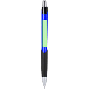 A blue plastic pen with a black grip and a blank area for branding or customisation.