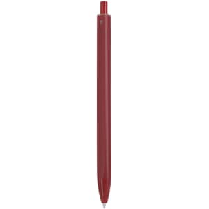 A red plastic pen with a smooth finish and a logo on the barrel.