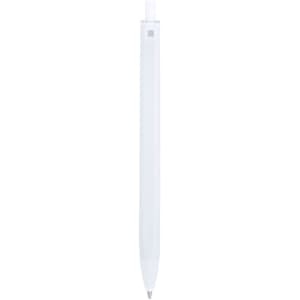 A white plastic pen with a transparent clip and a silver nib. Features a logo on the barrel.