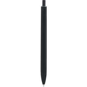 A black plastic pen with a sleek design and a click mechanism at the top. It features a logo.