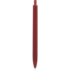 A red plastic pen with a sleek design and a logo near the top.