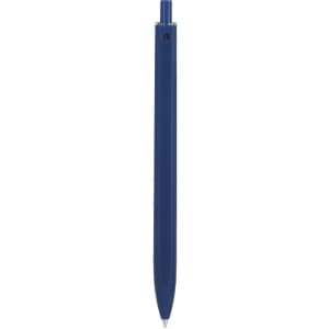 A blue plastic pen with a sleek design and a clickable top. It features a branding logo.