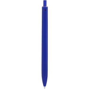 A blue plastic pen with a smooth finish and a press-top cap, featuring a logo on the body.
