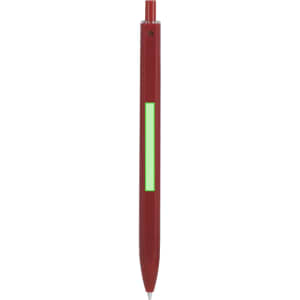 A red plastic pen featuring a green accent and a clip, with a logo on the body.