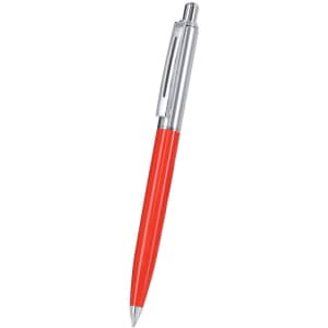 A red metal pen with a chrome clip and tip, featuring a simple, sleek design. The pen has a logo on its body.