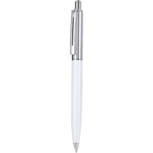 A metal pen with a white barrel and silver accents, featuring a clip and a click mechanism.