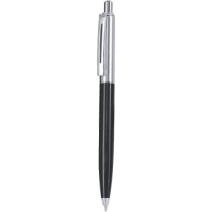 A metal pen with a black barrel and silver accents, featuring a clip and a ballpoint tip. It has a logo on the barrel.