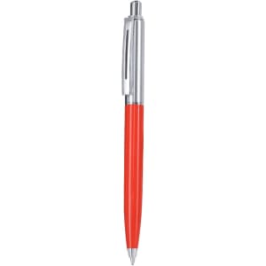 A metal pen with a bright red barrel and silver accents, featuring a logo on the clip.
