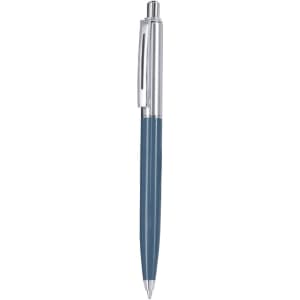 A metal pen in a deep blue colour with a silver clip and details, featuring a logo on the barrel.