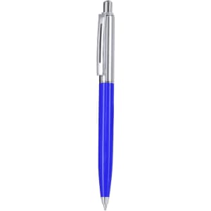 A blue metal pen with a silver clip and tip, featuring a simple, sleek design and a logo on the body.