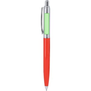 A metal pen featuring a red barrel, silver accents, and a green section. It includes a clip and has a logo.